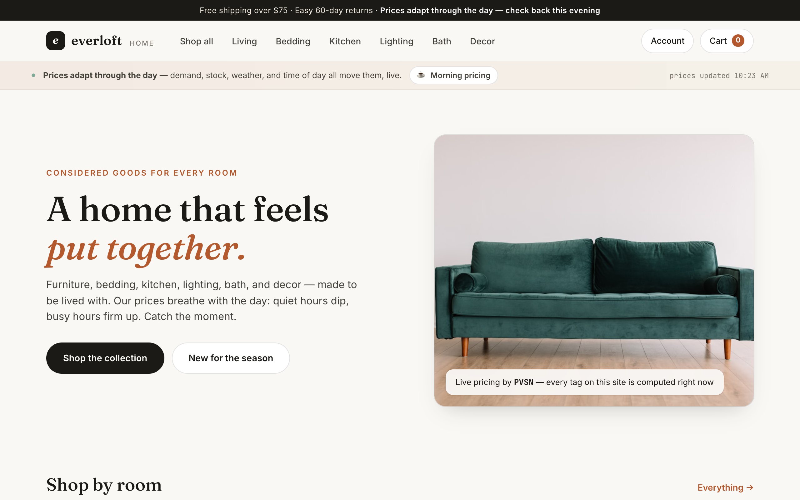 Everloft Home — the live storefront homepage, every price computed in real time by PVSN